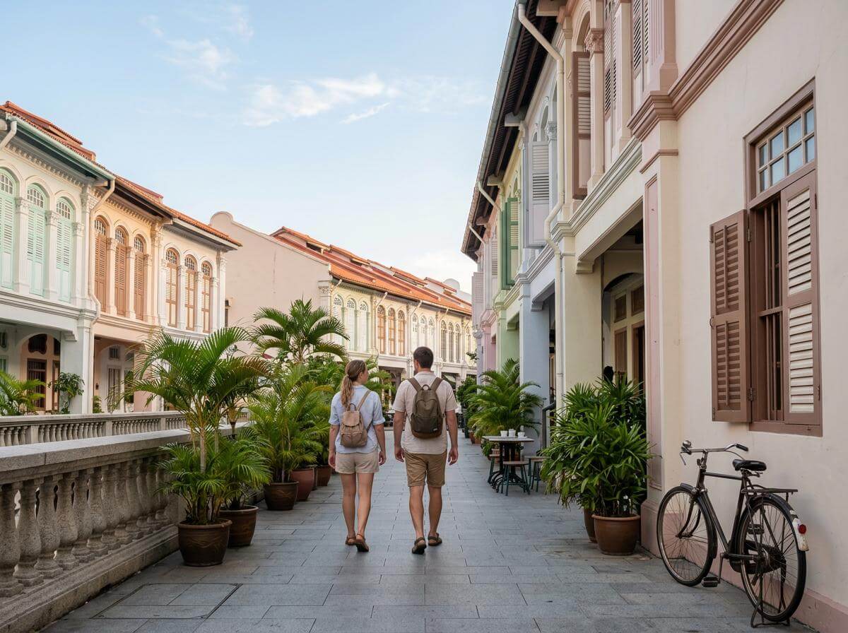 Two travelers walking a Singapore shophouse street with palms at midday (ATC Intel)