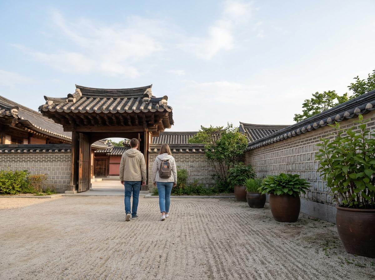 Two travelers walking a traditional Seoul palace path on a layover tour (ATC Intel)