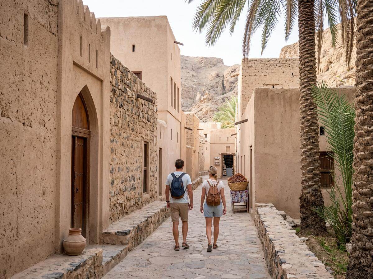 Two travelers walking an old Omani alley of mud-brick houses and date palms (ATC Intel)