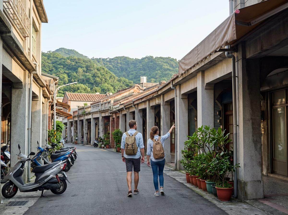 Two travelers walking an old Taipei street with scooters and mountains behind (ATC Intel)