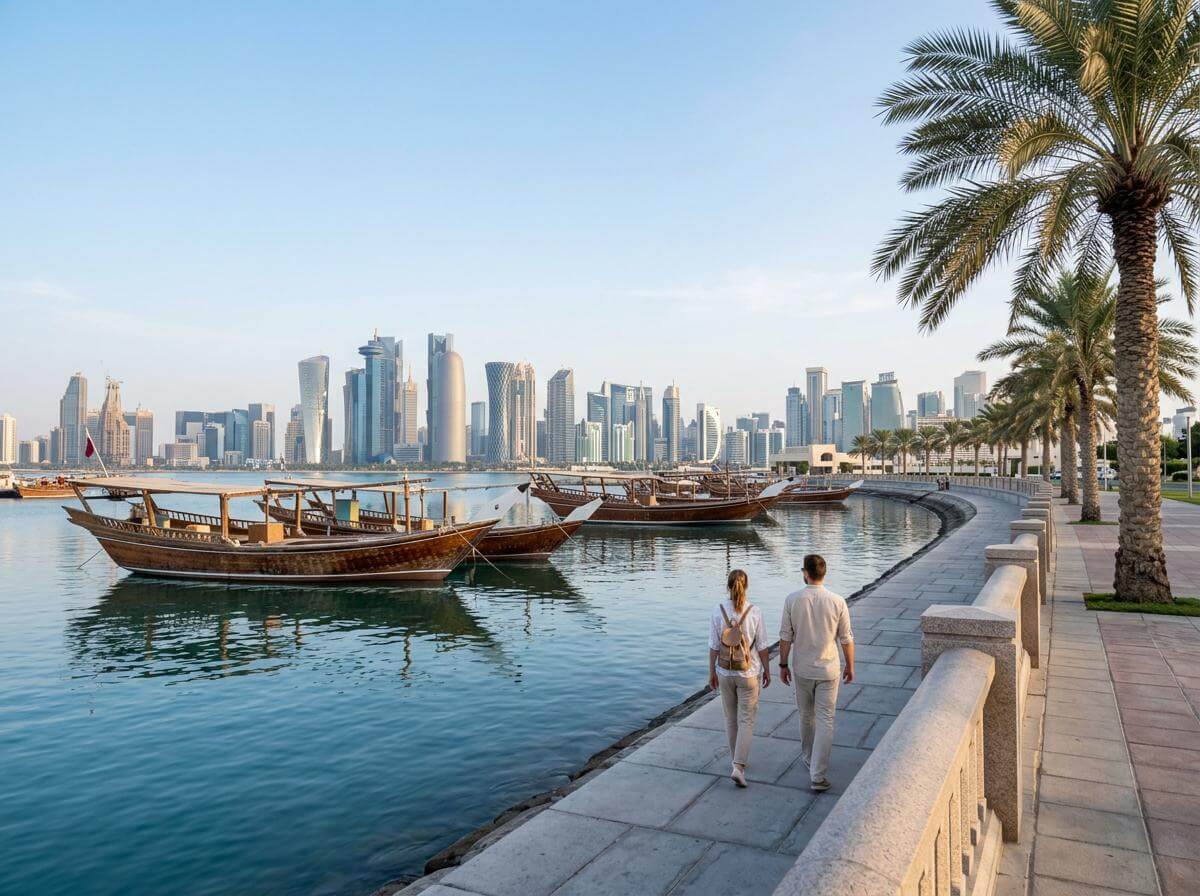 Two travelers walking Doha's corniche past dhow boats and the skyline (ATC Intel)