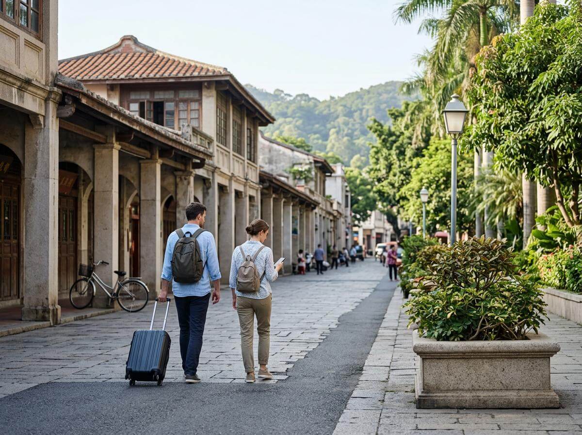 Two travelers with a suitcase walking a palm-lined street in Xiamen, China (ATC Intel)