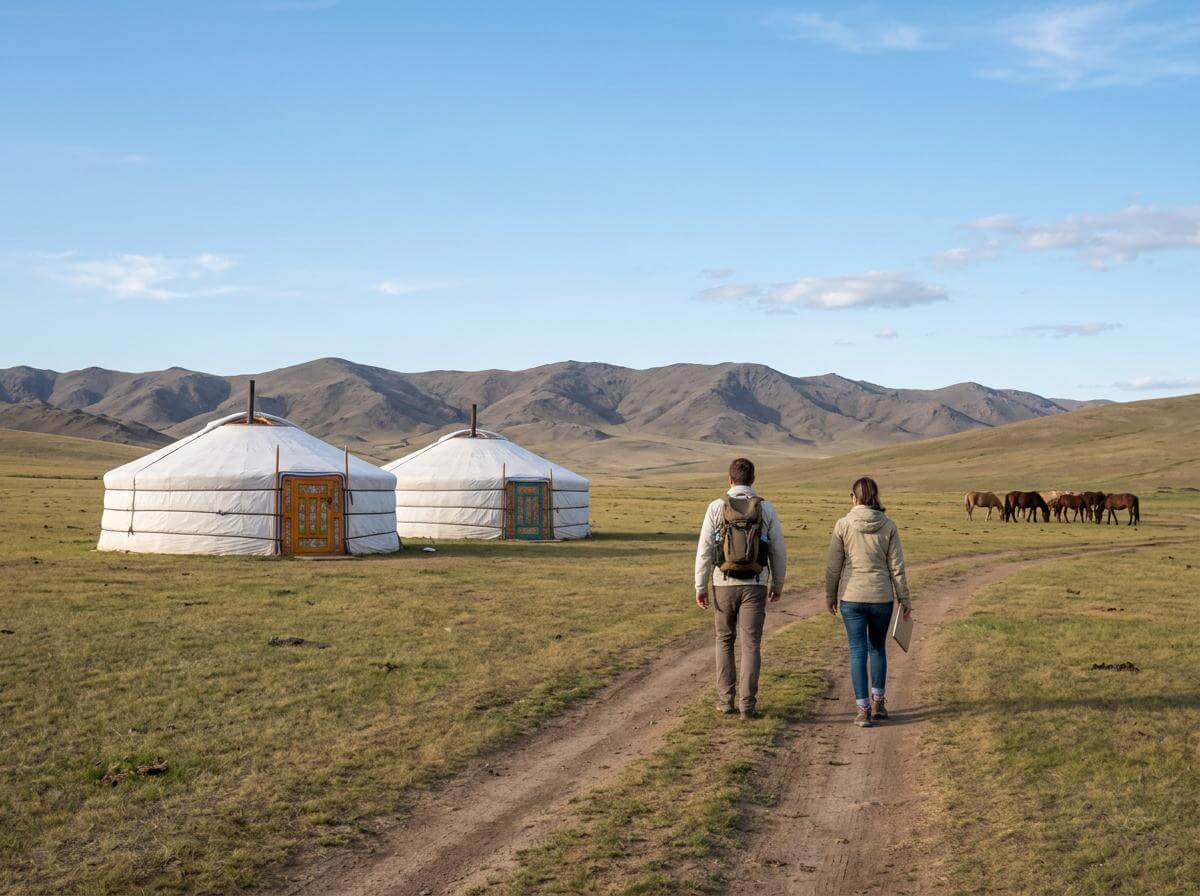 Two travelers with backpacks crossing the Mongolian steppe past white gers (ATC Intel)