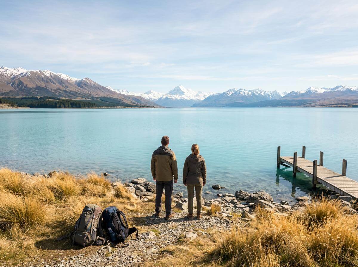 Two travelers with backpacks on a South Island lake shore with mountains behind (ATC Intel)