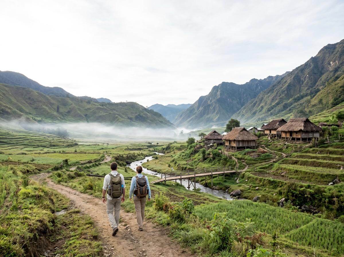 Two travelers with backpacks on a trail in the Papua highlands of Indonesia (ATC Intel)