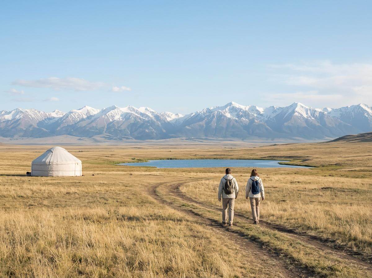 Two travelers with backpacks walking a steppe valley with yurts in Kazakhstan (ATC Intel)