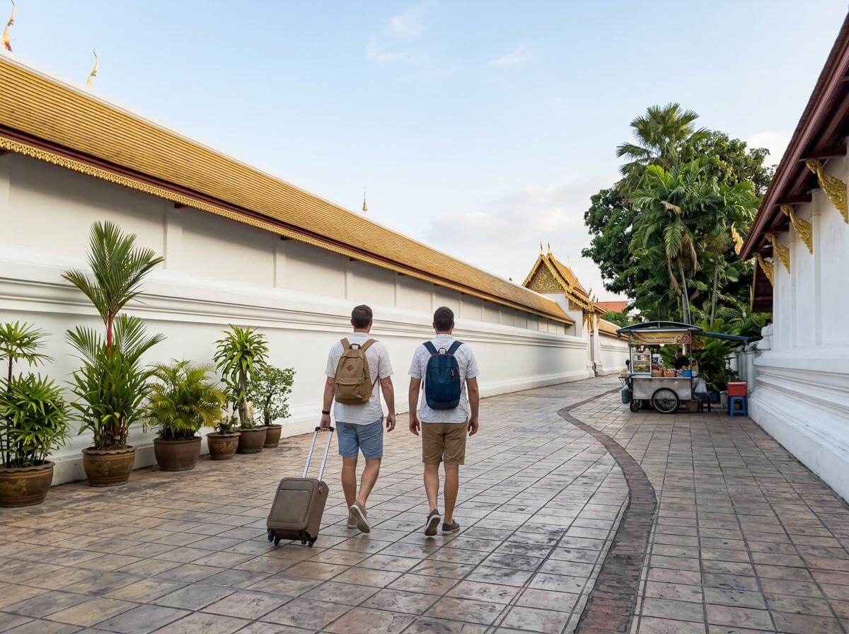 Two travelers with cabin bags walking a Chiang Mai old town street in Thailand (ATC Intel)