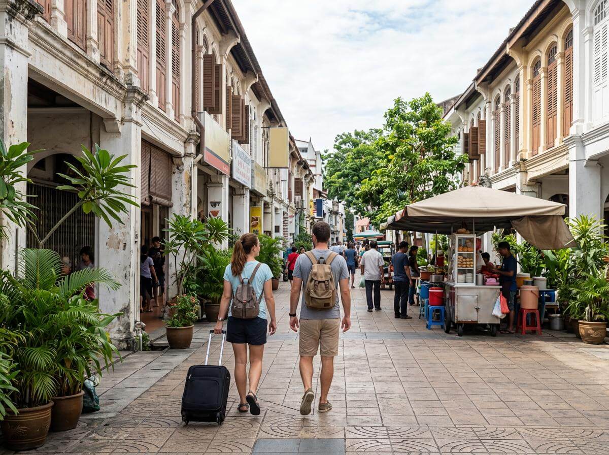 Two travelers with carry-on bags walking a Kuala Lumpur shophouse street (ATC Intel)