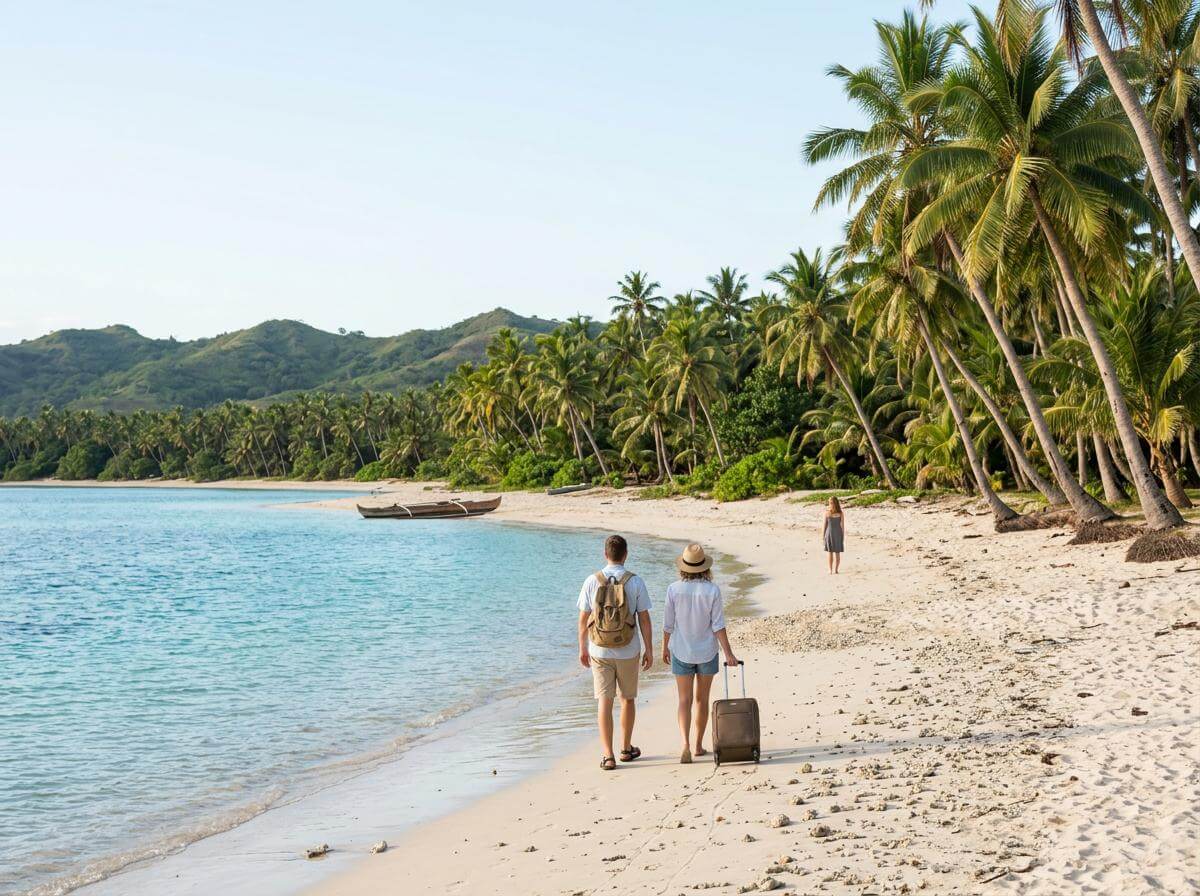 Two travelers with luggage walking a palm-lined Fiji beach at Nadi (ATC Intel)